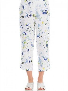 Grizas Splatter Linen Cropped High Rise Trousers Pants Blue Green | M